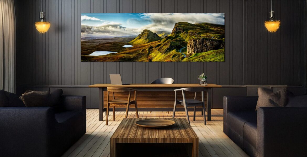 Office scene featuring panoramic photographic artwork of color landscape from Scotland Collection by Sam Dobrow