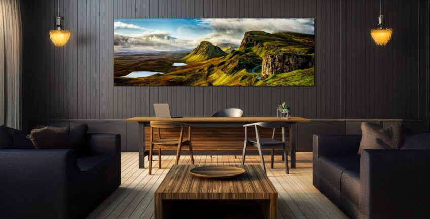 Office scene featuring panoramic photographic artwork of color landscape from Scotland Collection by Sam Dobrow
